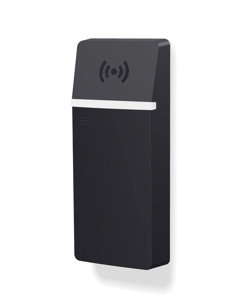 RAZ-RCP-1 on a wall: black enclosure, reader symbol and a milky light strip